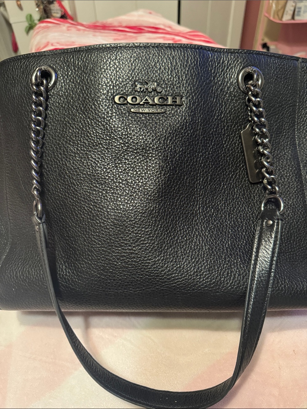 Coach Black Pebbled Leather Shoulder Tote with Chain-Strap Detail